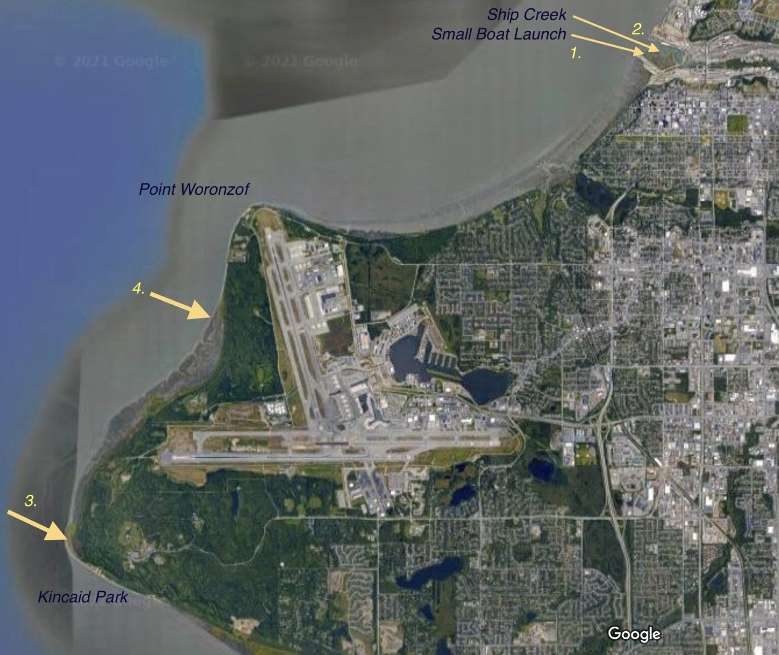 Satelite image of downtown Anchorage including the author's harvesting locations