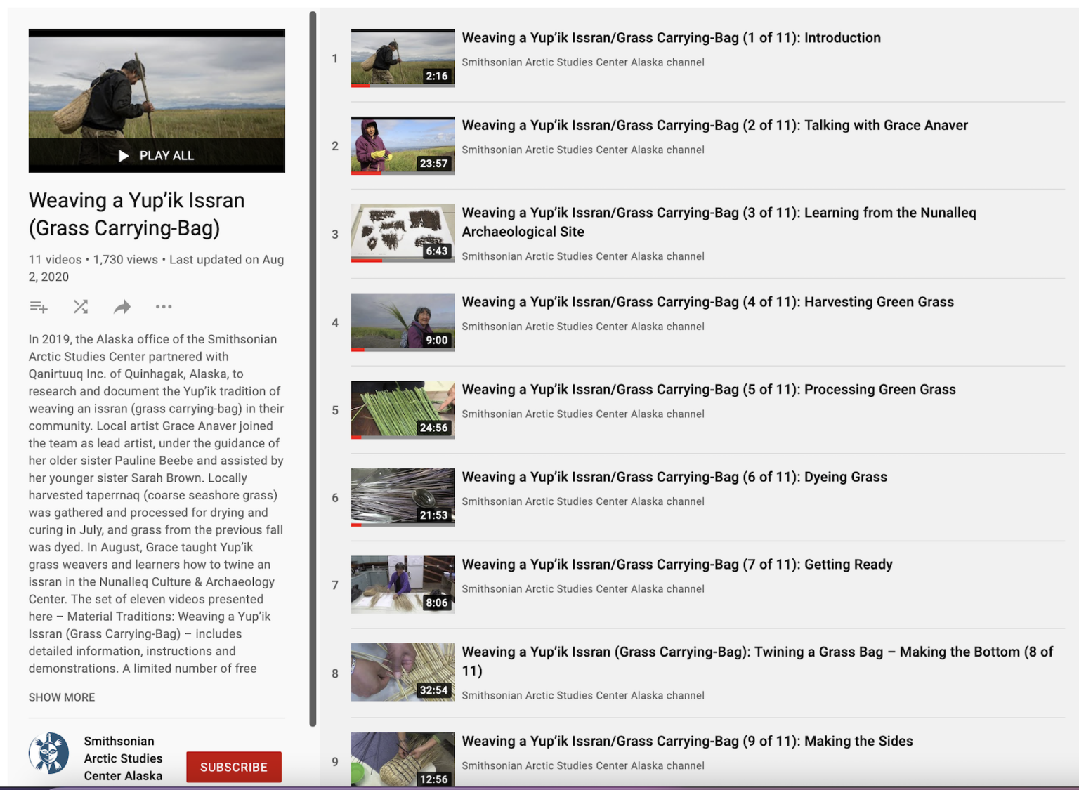 Screenshot showing a number of videos related to grass basket weaving